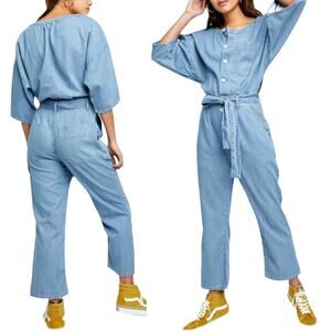 FREE PEOPLE Jumpsuit Marley Denim Short Sleeve Belt High Rise Button Blue Small